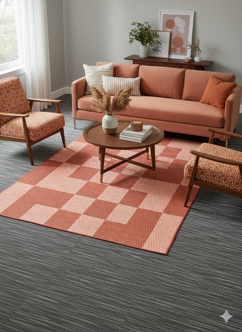 5' x 7' Terracotta Clay, Soft Blush, Warm Rust Washable Checkered Area Rug