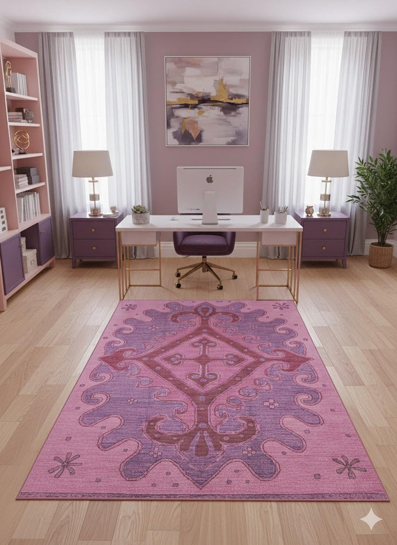 7' x 9' Pink Soft Purple Ornamental Washable Area Rug