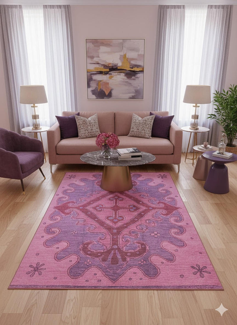 7' x 9' Pink Soft Purple Ornamental Washable Area Rug