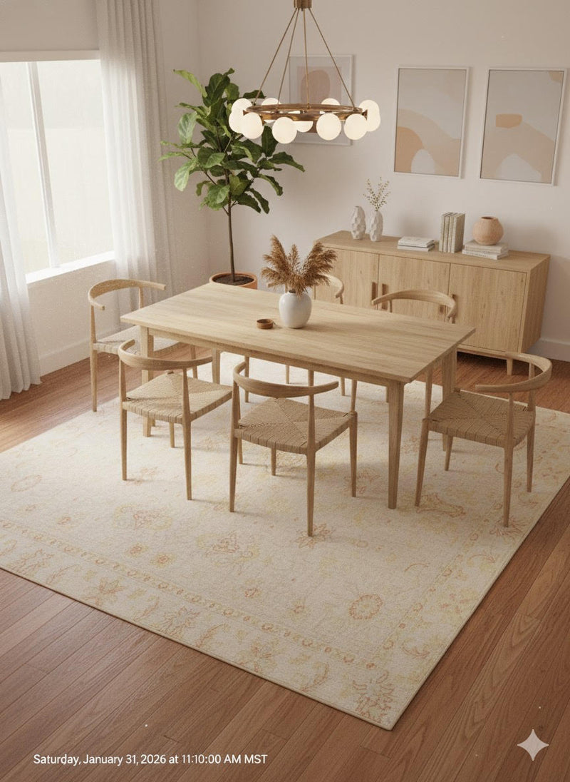 8' x 8' Square Ivory Pale Cream Beige Floral Vintage Washable Area Rug