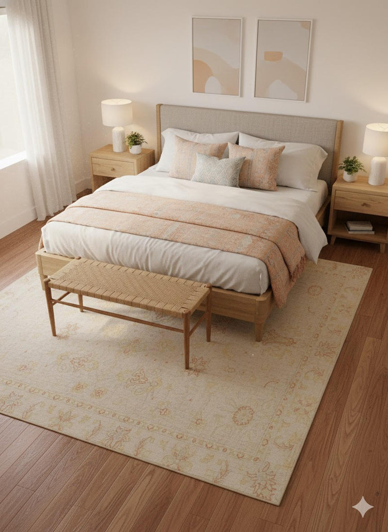 8' x 8' Square Ivory Pale Cream Beige Floral Vintage Washable Area Rug