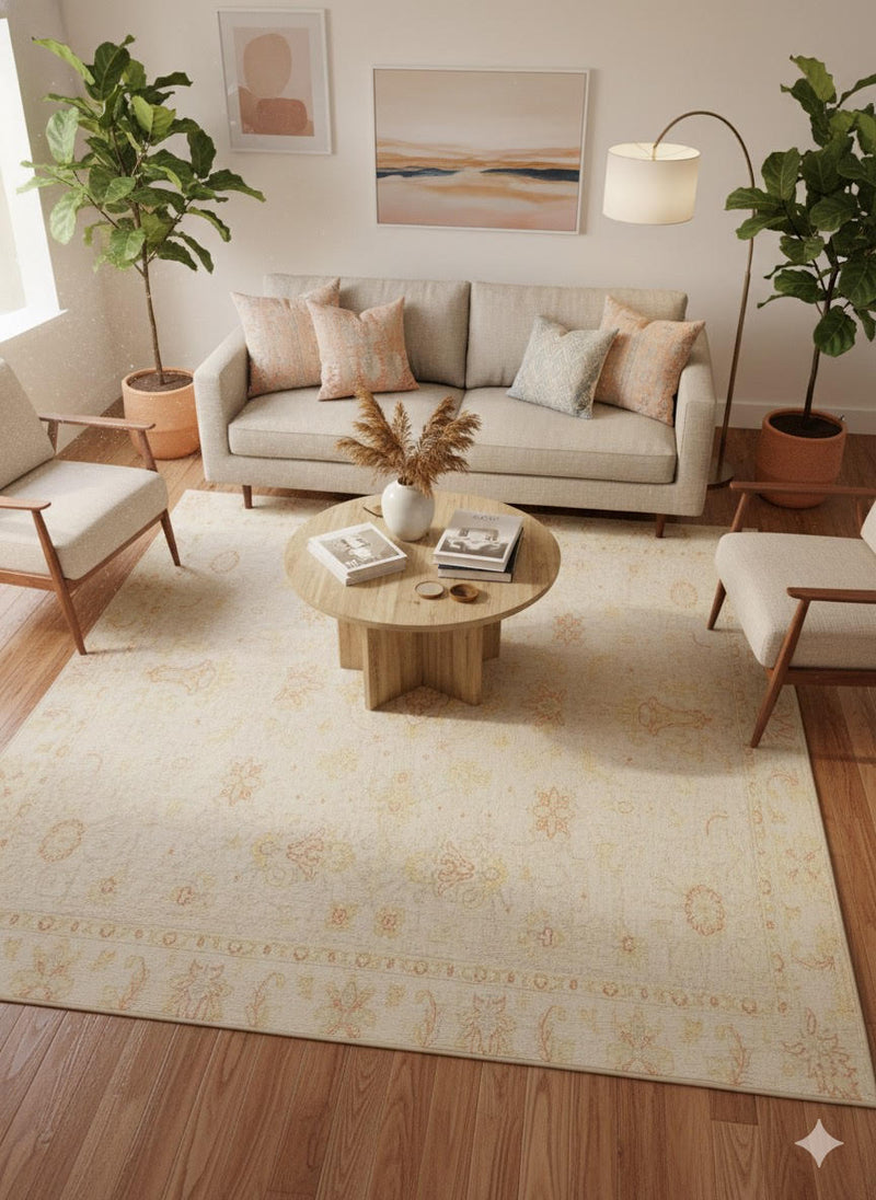 8' x 8' Square Ivory Pale Cream Beige Floral Vintage Washable Area Rug