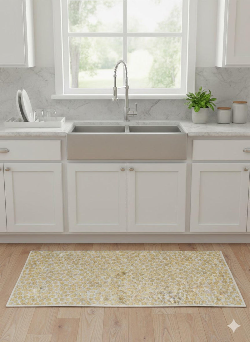 3' x 5' Rectangle Yellow Ivory Off-White Geometric Modern Washable Area Rug