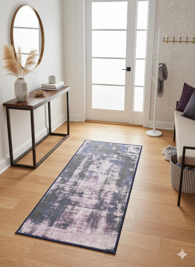 2' x 5' Rectangle Slate Blue / Blue-Gray Abstract Modern Washable Area Rug