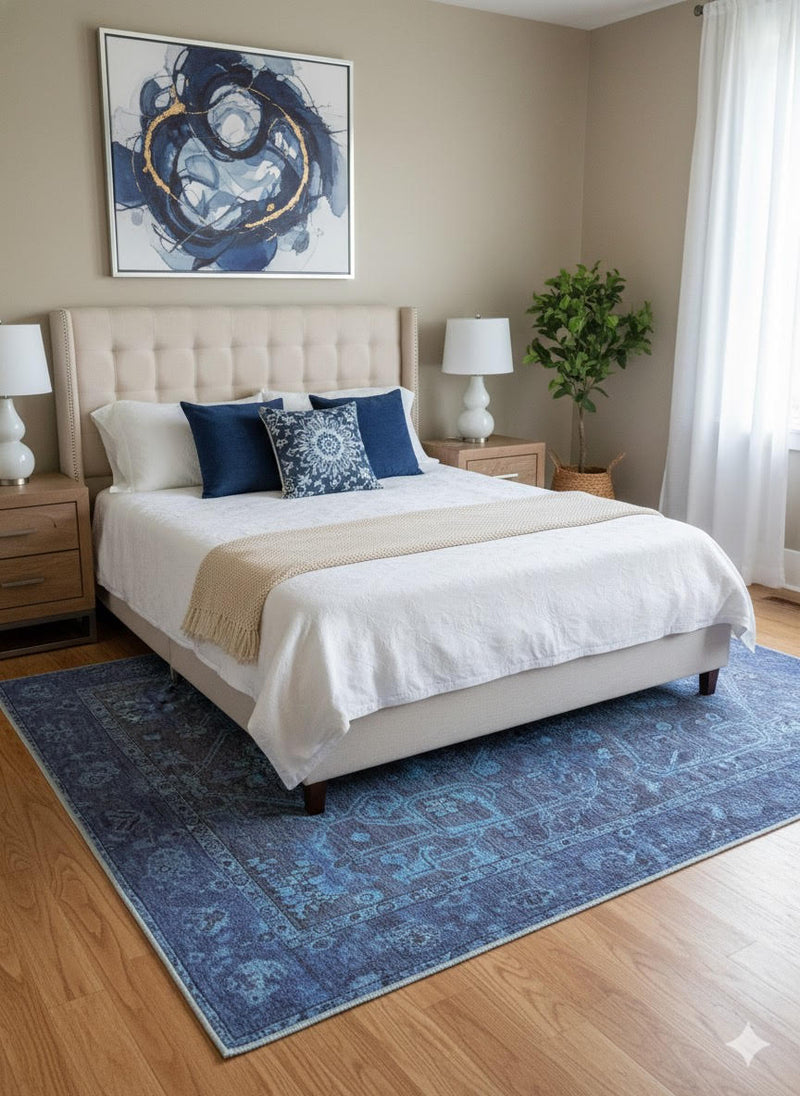 6' × 9' Rectangular Blue Light Blue Vintage Floral Medallion Washable Area Rug