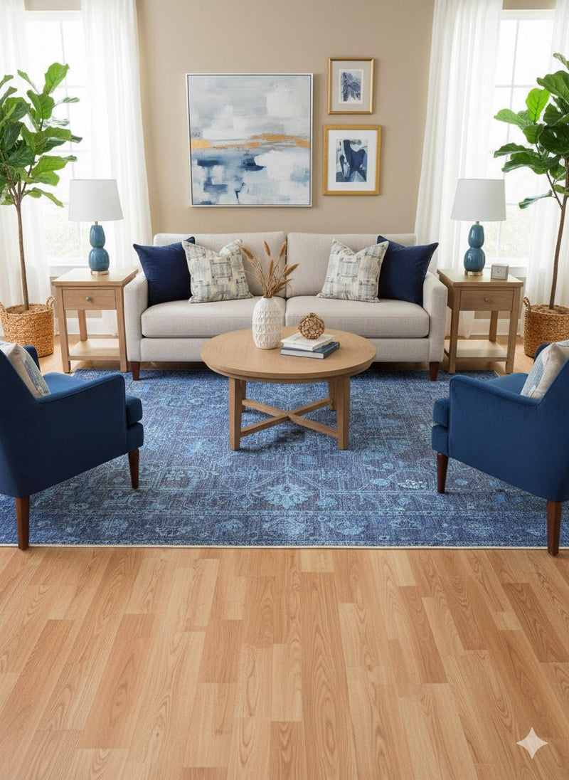 6' × 9' Rectangular Blue Light Blue Vintage Floral Medallion Washable Area Rug