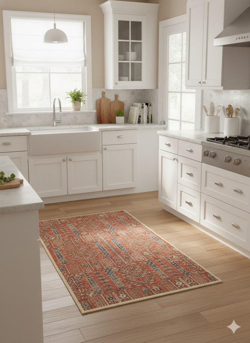 2' × 3' Rectangular Rust Blue Botanical Tree Pattern Transitional Washable Area Rug