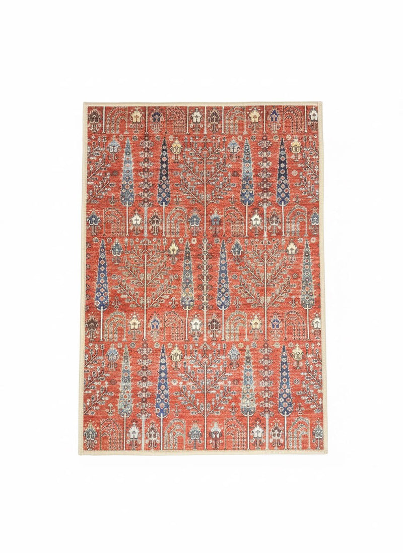 2' × 3' Rectangular Rust Blue Botanical Tree Pattern Transitional Washable Area Rug