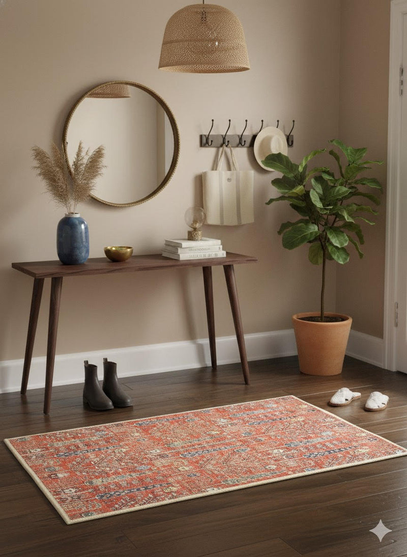 2' × 3' Rectangular Rust Blue Botanical Tree Pattern Transitional Washable Area Rug