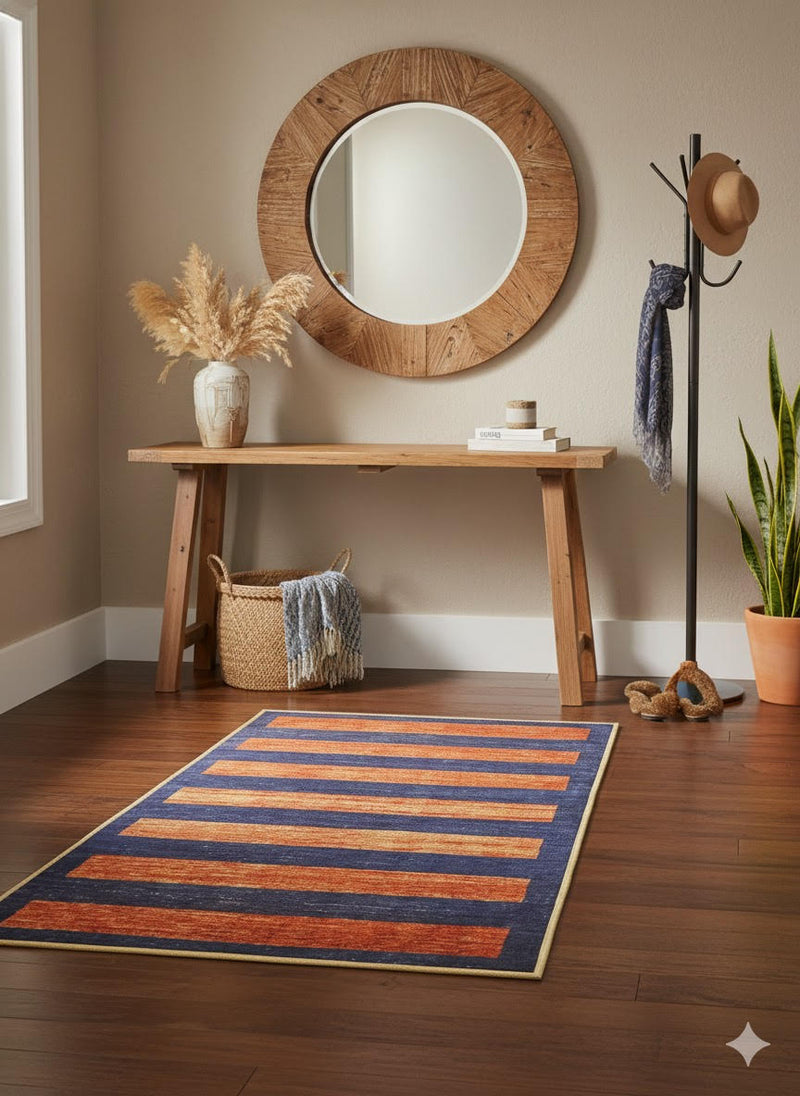 3' × 5' Rectangular Navy Rust Striped Modern Washable Area Rug