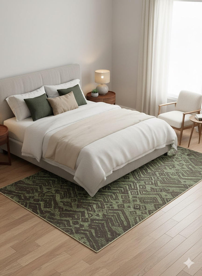 5' x 7' Rectangle Olive Green Charcoal Geometric Tribal Washable Area Rug