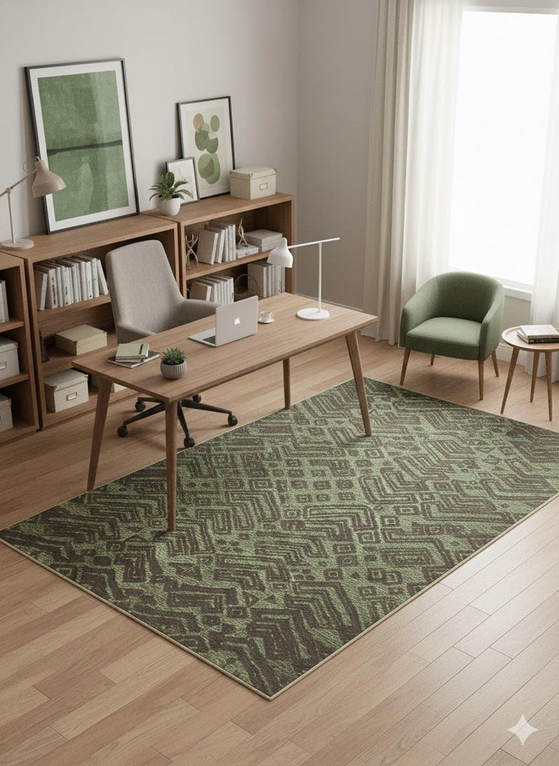 5' x 7' Rectangle Olive Green Charcoal Geometric Tribal Washable Area Rug