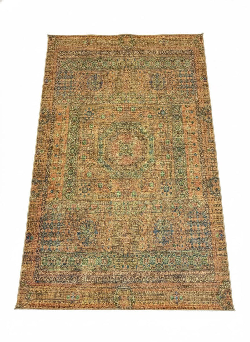 7' x 10' Rectangular Antique Gold Green Brown Distressed Medallion Vintage Washable Area Rug