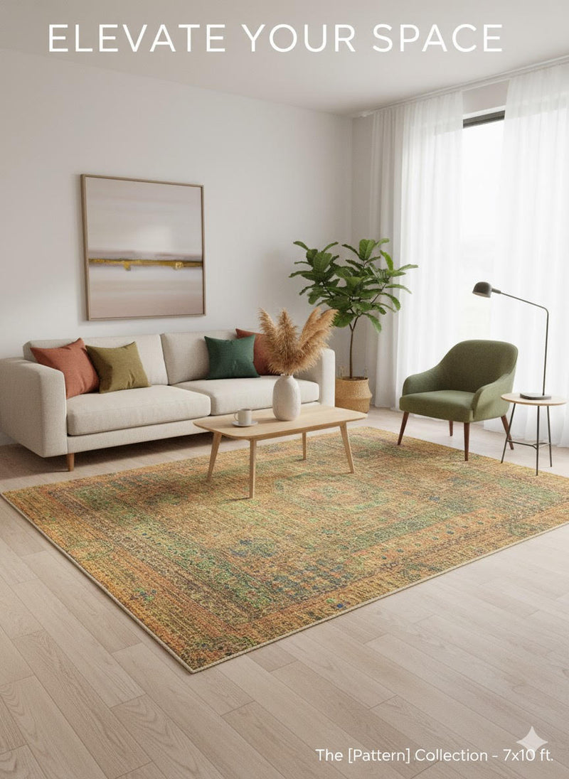 7' x 10' Rectangular Antique Gold Green Brown Distressed Medallion Vintage Washable Area Rug