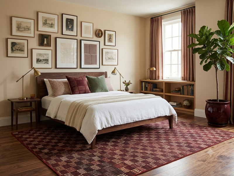 7' x 9' Rectangular Burgundy Beige Checkered Geometric Contemporary Washable Area Rug