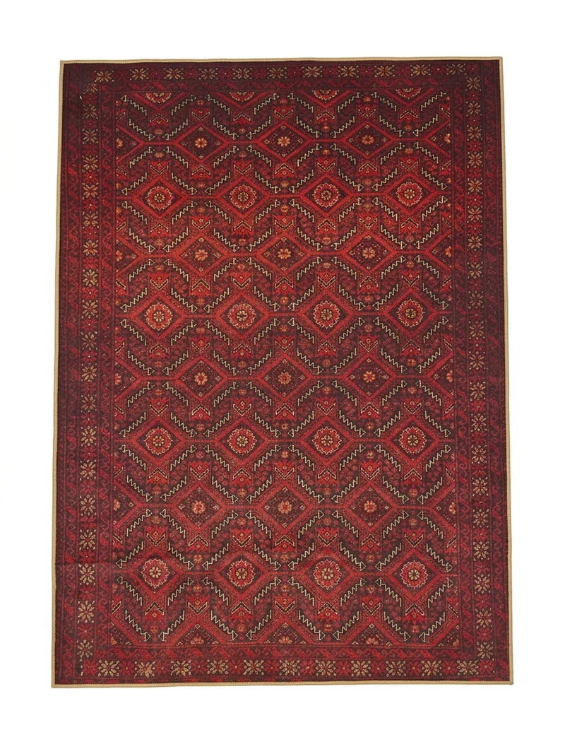 5' x 7' Rectangular Red & Black Geometric Tribal Washable Area Rug