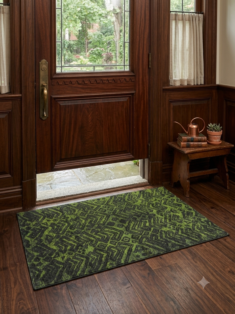2' x 3' Rectangular Olive Green Charcoal Tribal Geometric Washable Area Rug
