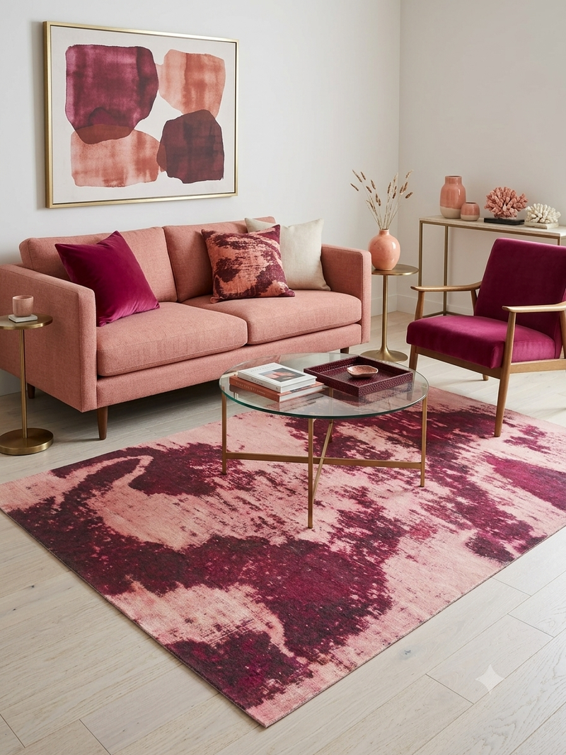 5' x 7' Rectangular Blush Pink Burgundy Abstract Modern Washable Area Rug