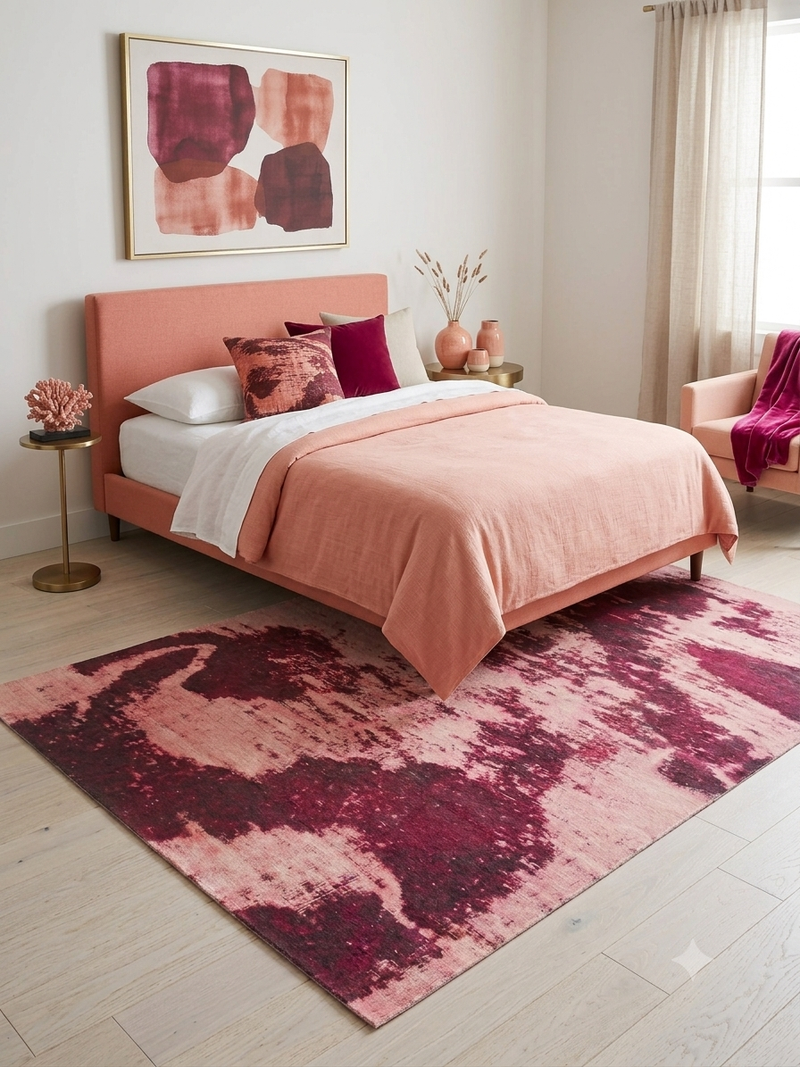 5' x 7' Rectangular Blush Pink Burgundy Abstract Modern Washable Area Rug