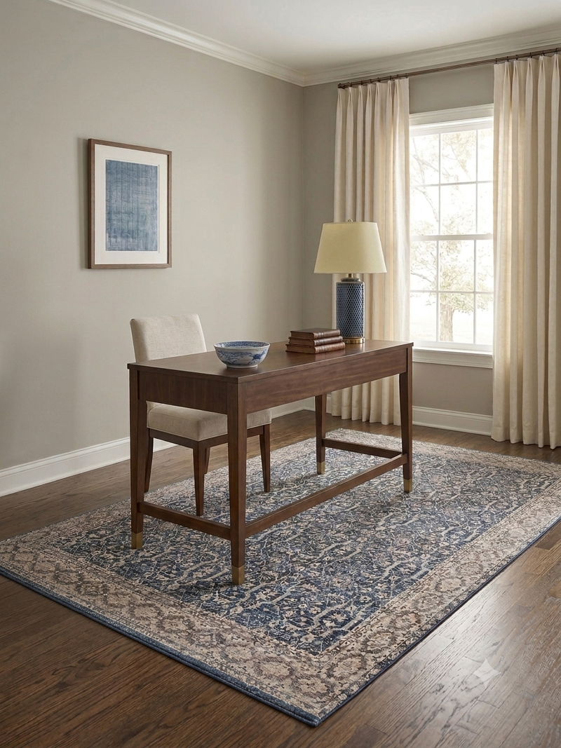 5' x 7' Rectangular Blue Ivory Geometric Traditional Washable Area Rug