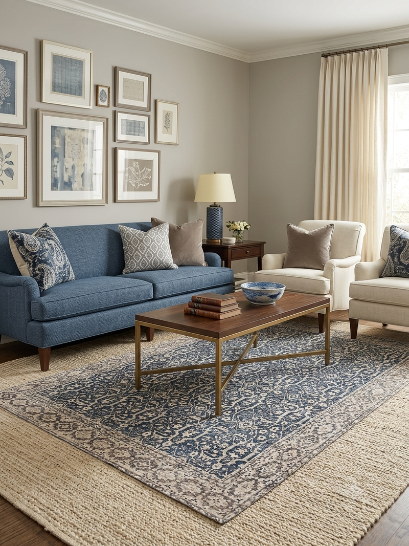 5' x 7' Rectangular Blue Ivory Geometric Traditional Washable Area Rug