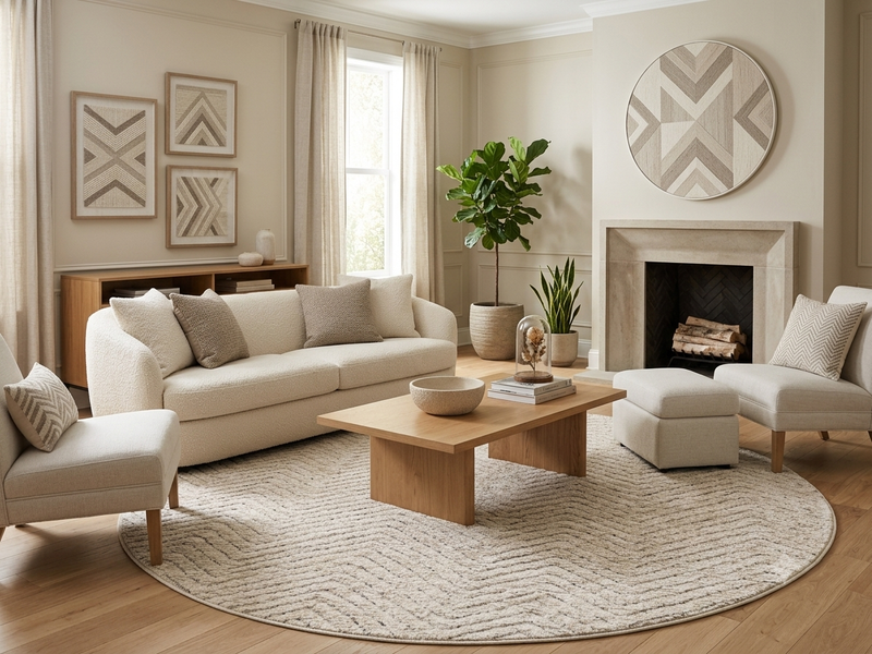 8' Round Ivory Beige Chevron Textured Modern Washable Area Rug