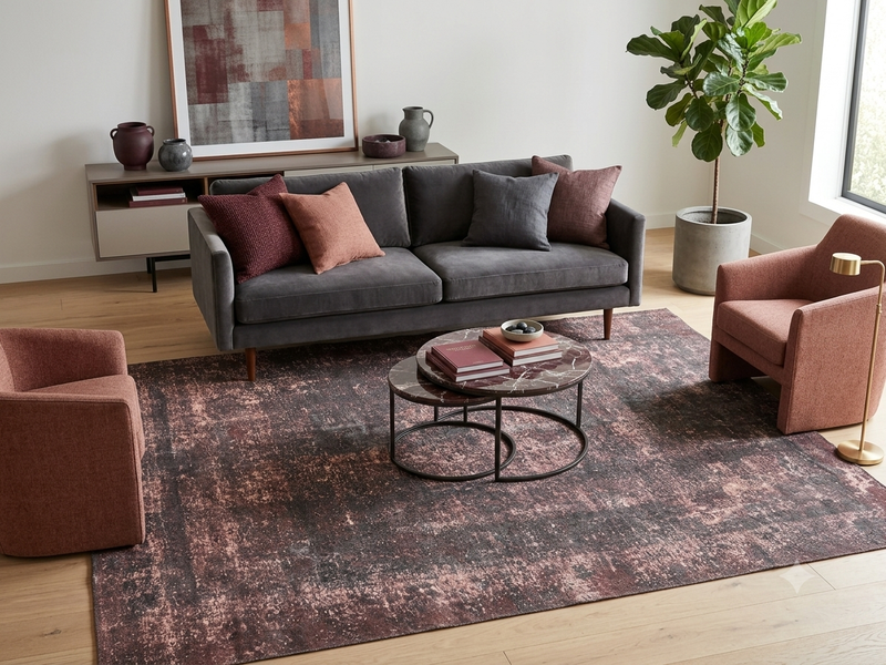 8' x 10' Rectangular Mauve Charcoal Distressed Abstract Modern Washable Area Rug