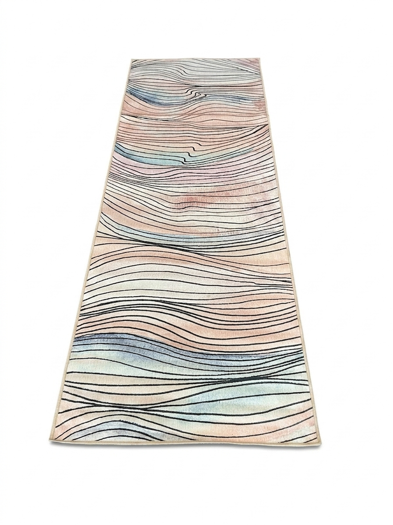 3' x 8' Runner Ivory Blush Blue Wavy Striped Modern Washable Area Rug