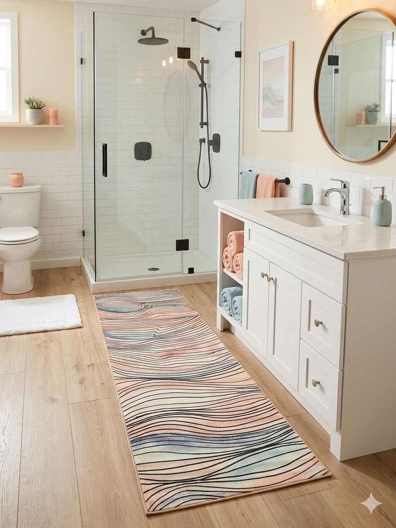 3' x 8' Runner Ivory Blush Blue Wavy Striped Modern Washable Area Rug