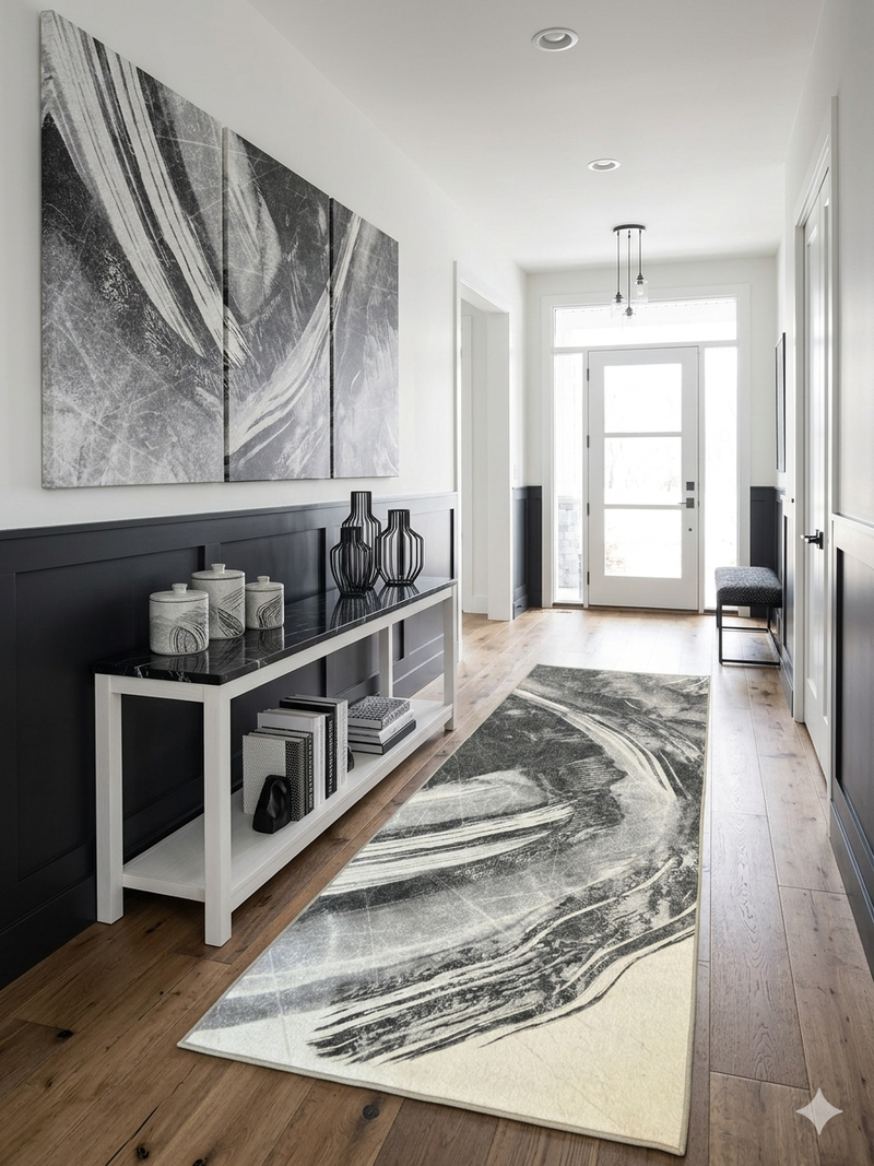 3' x 8' Runner Gray Ivory Abstract Modern Washable Area Rug