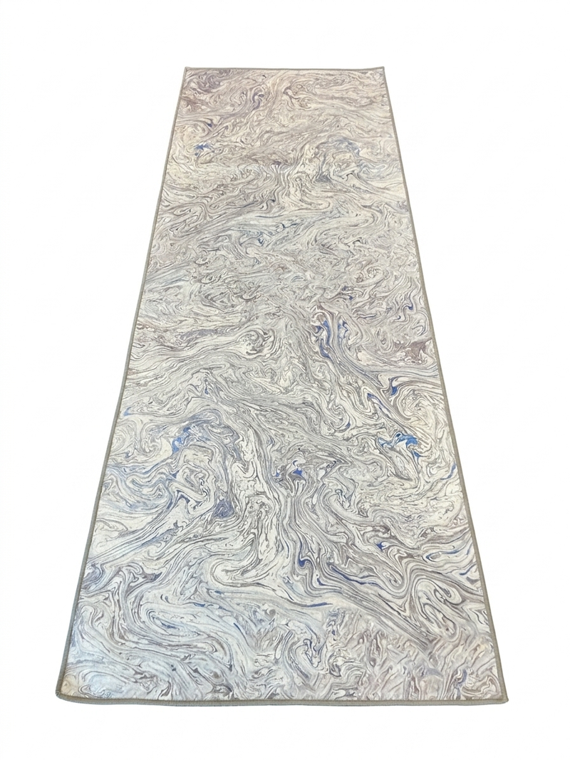 3' x 8' Runner Ivory Blue Marble Abstract Modern Washable Area Rug