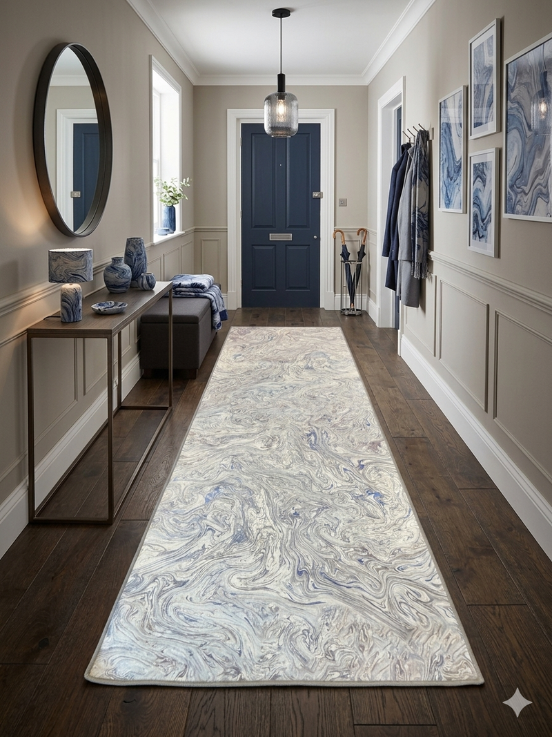 3' x 8' Runner Ivory Blue Marble Abstract Modern Washable Area Rug