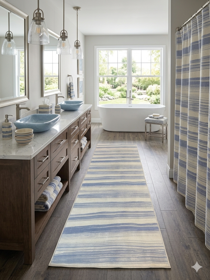 3' x 8' Runner Ivory Blue Striped Coastal Washable Area Rug