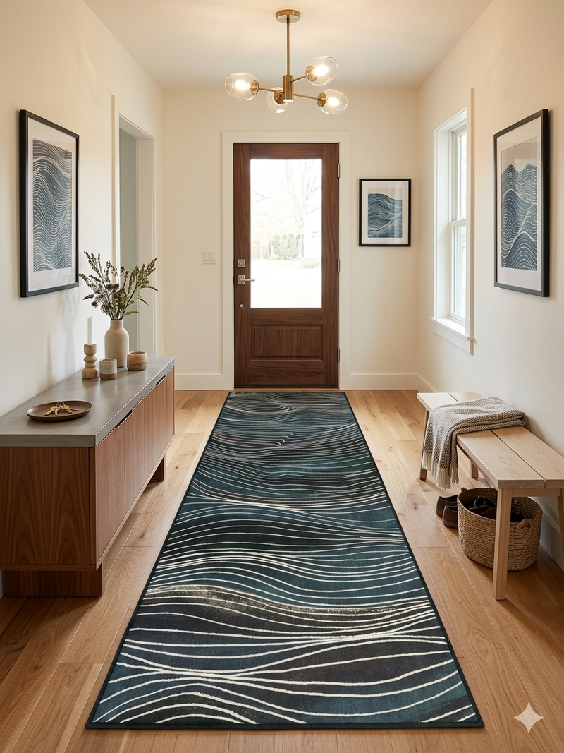 3' x 8' Runner Teal Navy Wavy Striped Modern Washable Area Rug