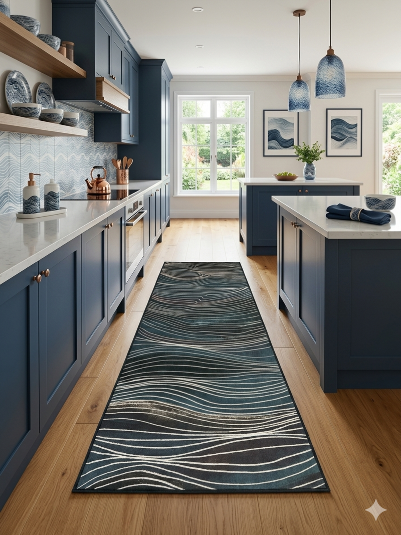 3' x 8' Runner Teal Navy Wavy Striped Modern Washable Area Rug