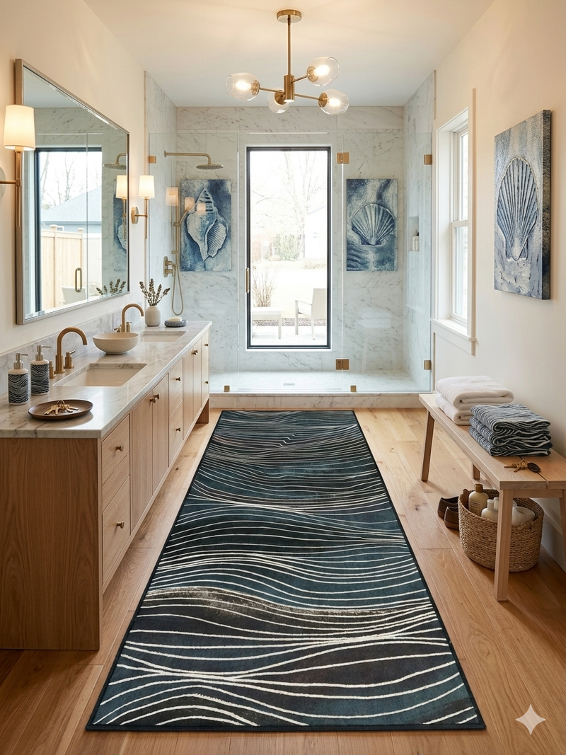 3' x 8' Runner Teal Navy Wavy Striped Modern Washable Area Rug