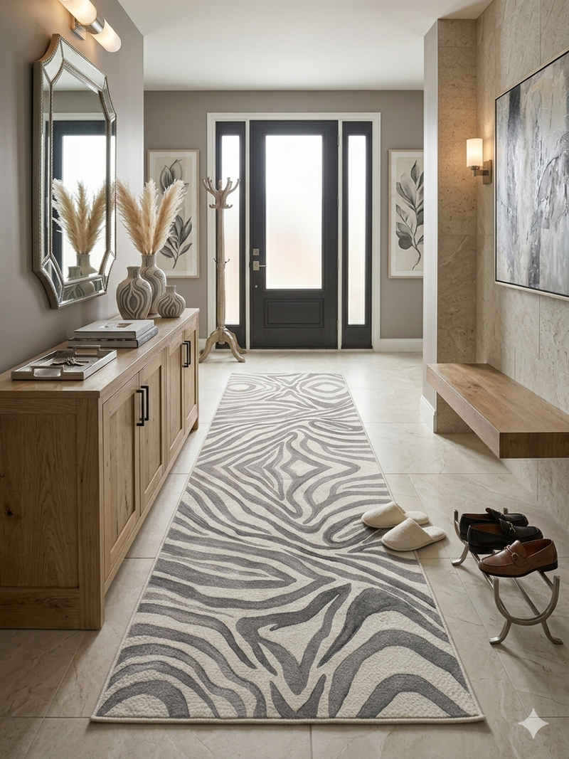 3' x 8' Runner Gray Ivory Zebra Abstract Modern Washable Area Rug