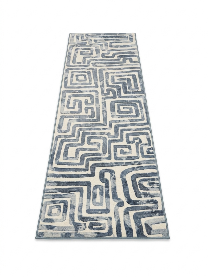 3' x 8' Runner Blue Ivory Geometric Maze Modern Washable Area Rug