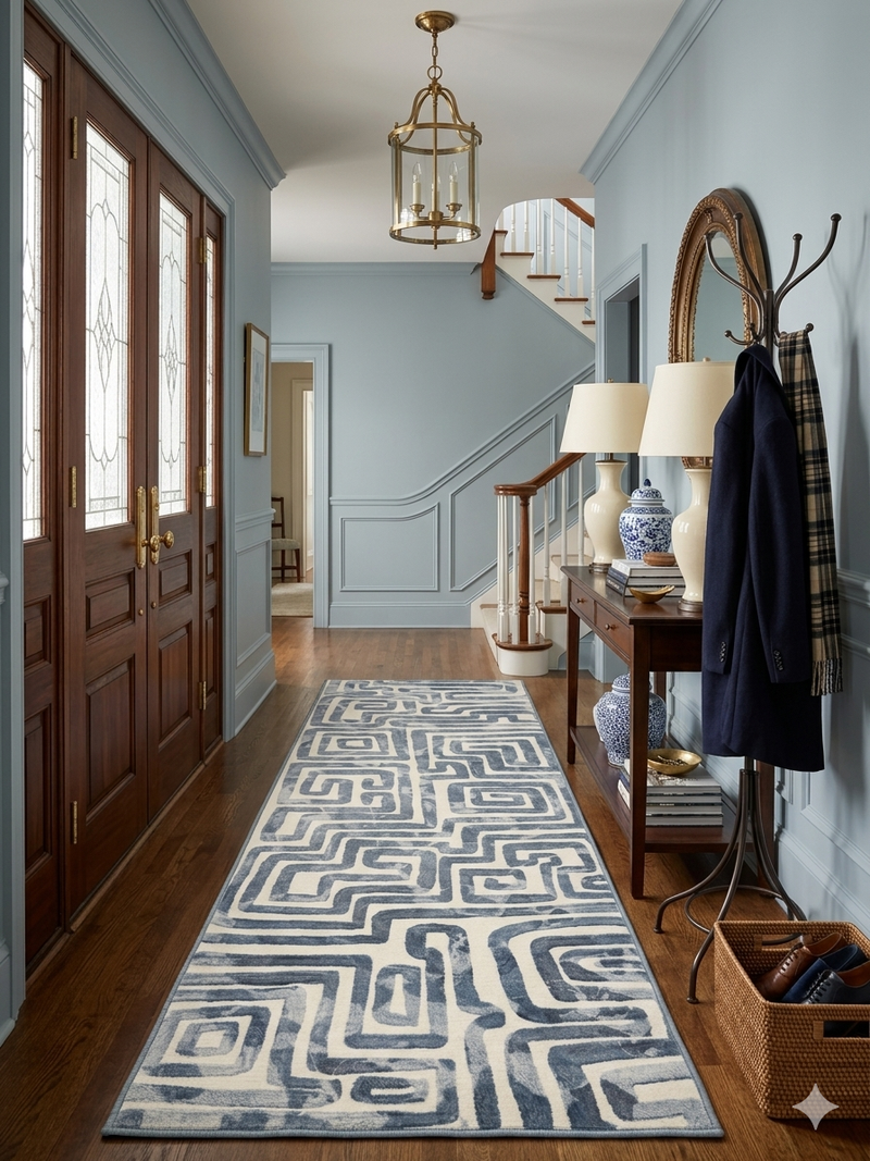 3' x 8' Runner Blue Ivory Geometric Maze Modern Washable Area Rug