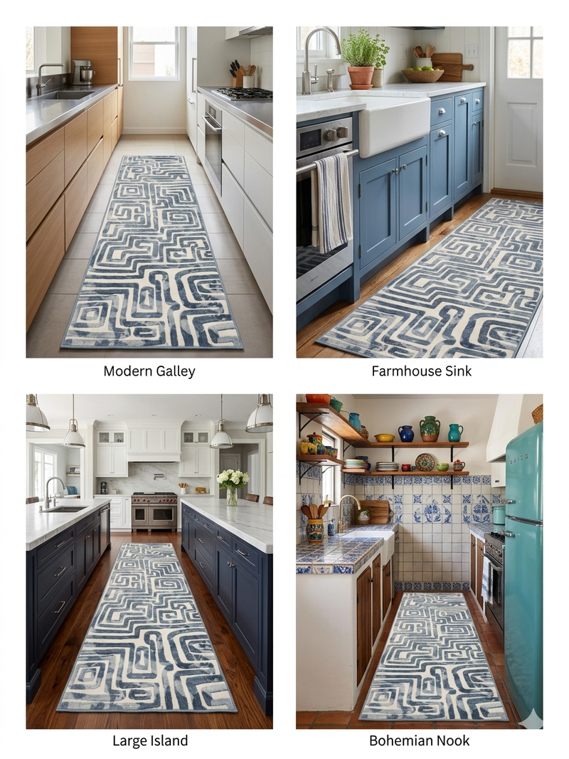 3' x 8' Runner Blue Ivory Geometric Maze Modern Washable Area Rug