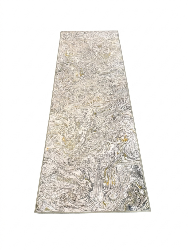 3' x 8' Runner Ivory Gray Gold Marble Abstract Modern Washable Area Rug