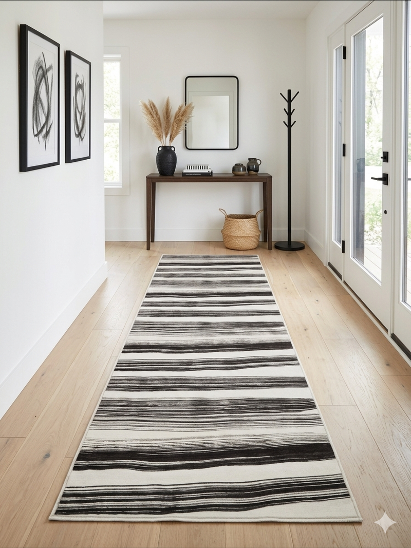 3' x 8' Runner Ivory Charcoal Striped Modern Washable Area Rug