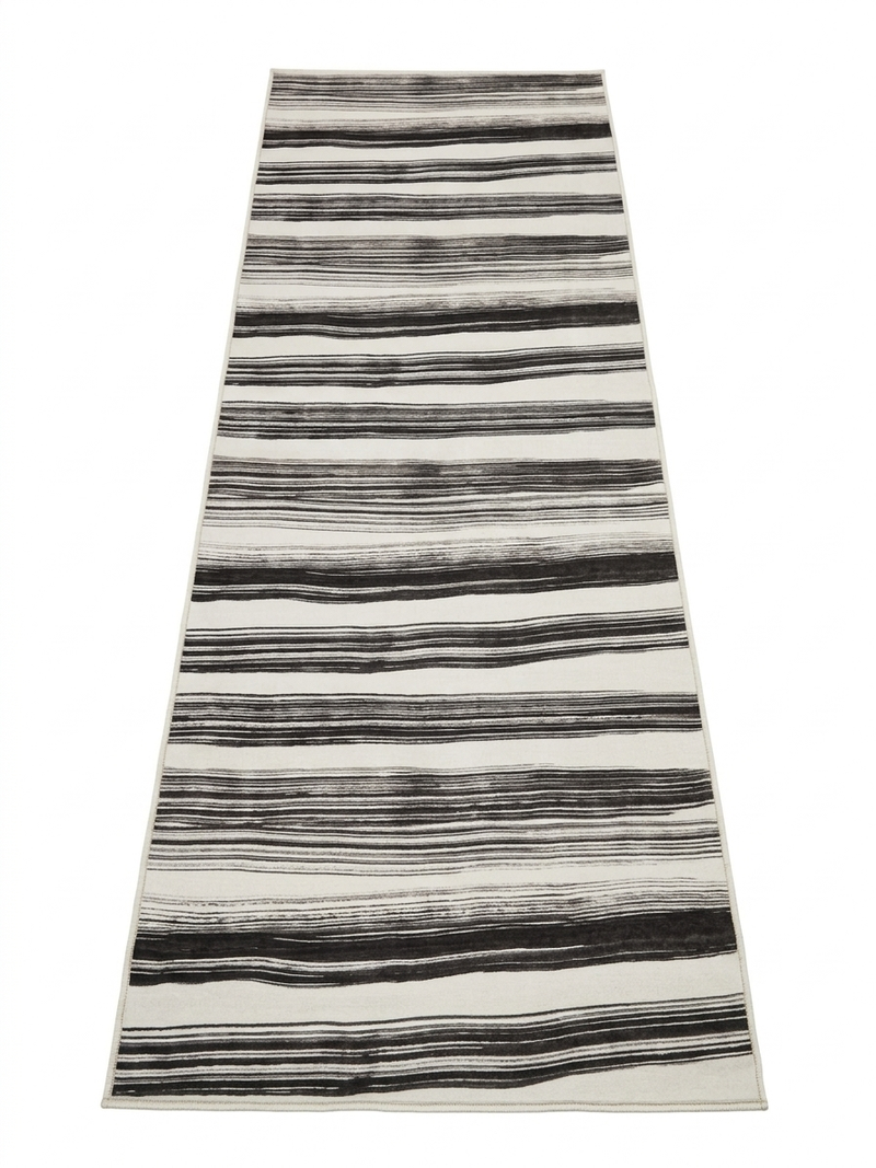 3' x 8' Runner Ivory Charcoal Striped Modern Washable Area Rug