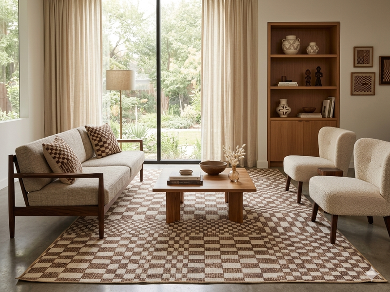 6' x 9' Rectangular Brown Ivory Checkered Geometric Modern Washable Area Rug