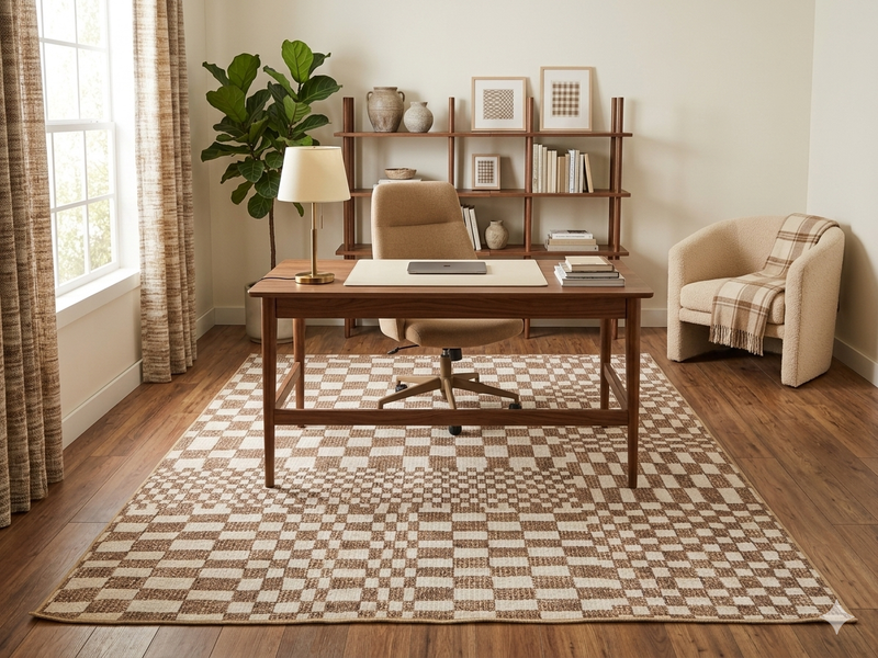 6' x 9' Rectangular Brown Ivory Checkered Geometric Modern Washable Area Rug