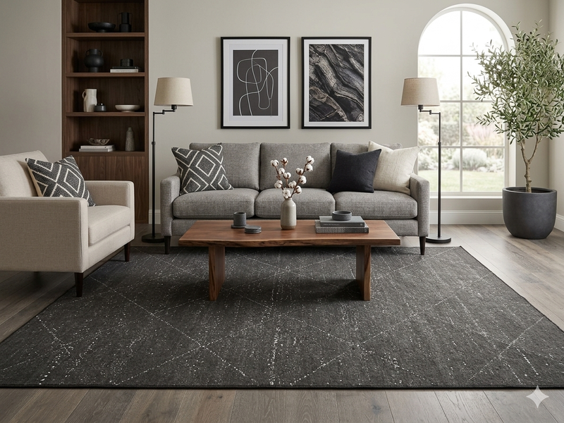7' x 10' Rectangular Charcoal Ivory Diamond Geometric Modern Washable Area Rug