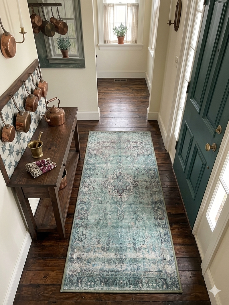 2' x 4' Runner Sage Green Ivory Distressed Medallion Vintage Washable Area Rug