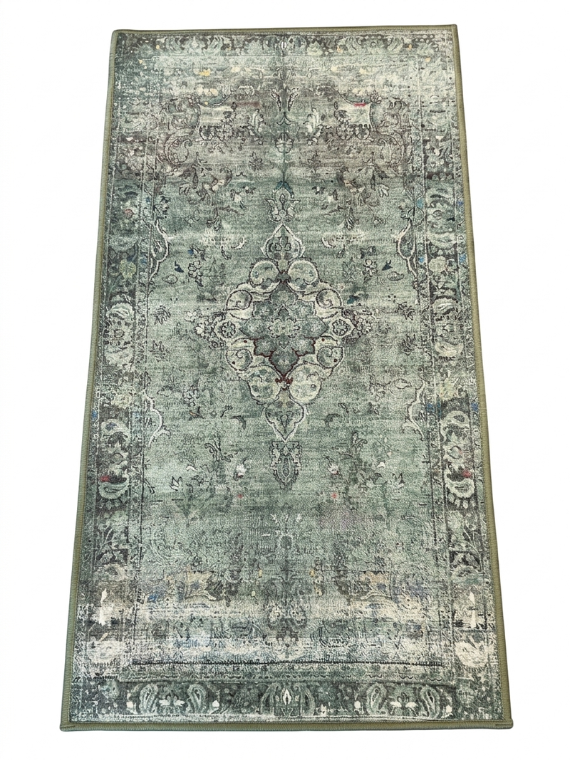 2' x 4' Runner Sage Green Ivory Distressed Medallion Vintage Washable Area Rug