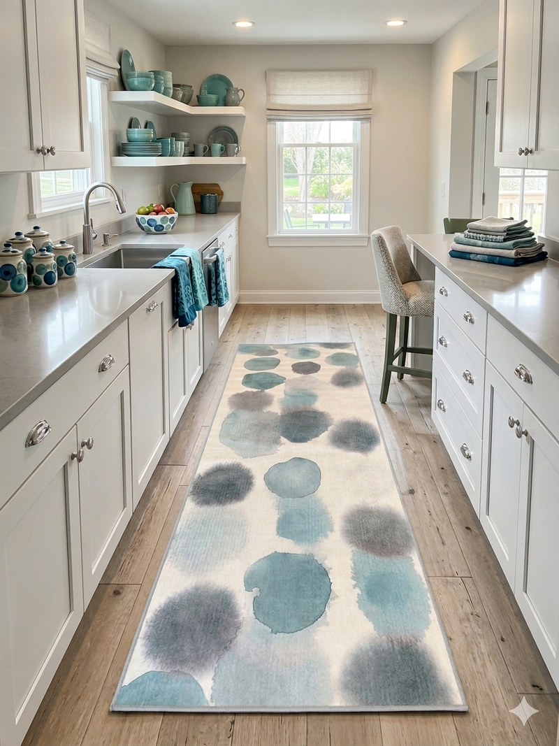 3' x 8' Runner Ivory Blue Watercolor Abstract Modern Washable Area Rug