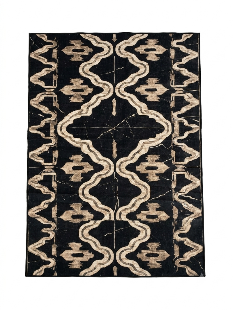 5' x 7' Rectangular Black Beige Tribal Geometric Modern Washable Area Rug